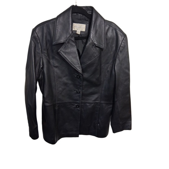 Y2k VTG Worthington Black Genuine‎ Leather Blazer Jacket Women's XL Button Front - Picture 3 of 9